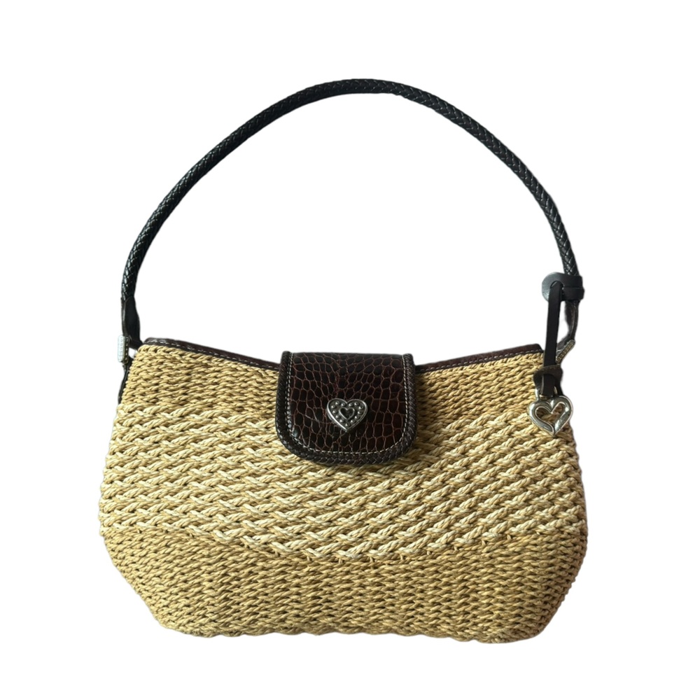 Brighton Straw Woven Vintage Shoulder Purse 90s Brown Leather Silver Heart Charm